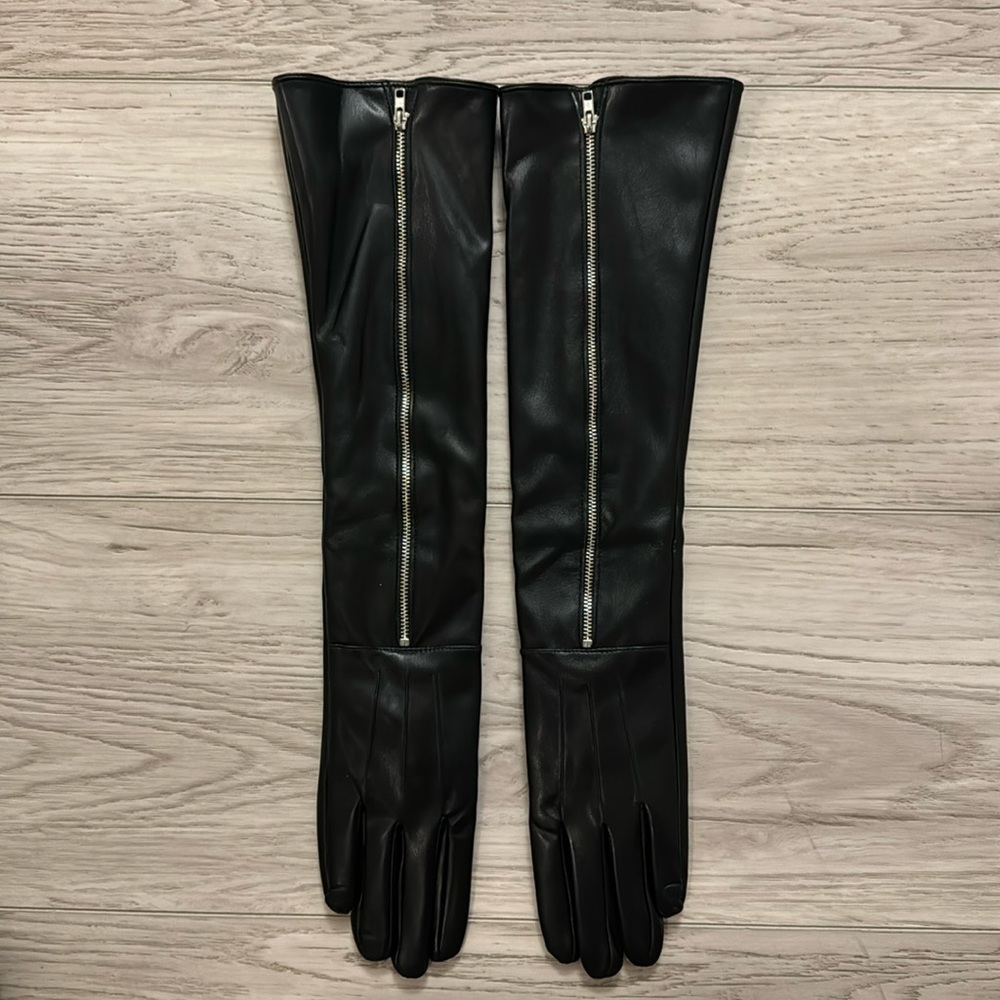 BN Brand New Faux Leather Zipper Opera Length Long Gloves women S M Elbox